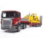 BRUDER SCANIA R-SERIES LOW LOADER TRUCK CAT BULLDOZER 03555