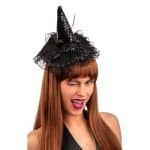 BLACK SATIN WITCH MINI HAT WITH BOW AND HEADBAND WITH HEADER 369-03941 - Image 2