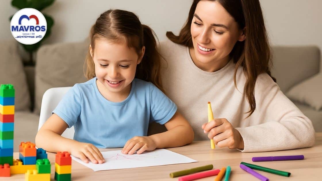 Παιδιά παίζουν δημιουργικά παιχνίδια στο σπίτι με τουβλάκια, ζωγραφική και χειροτεχνίες